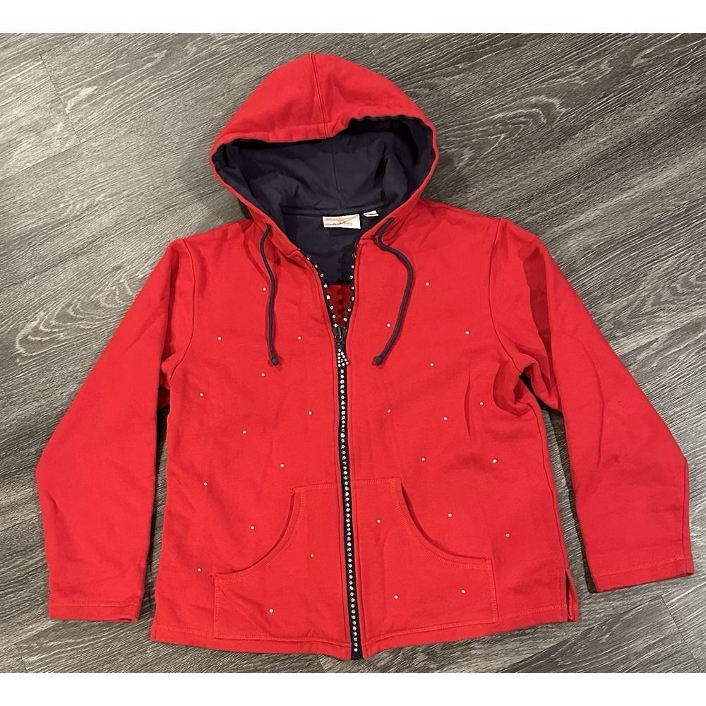Quacker Factory Jacket Womens Medium Hooded Red Blue Zip Up Bling Hoodie